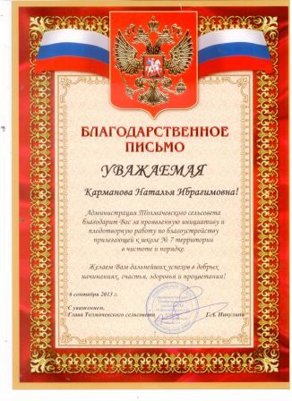 Благодарственное письмо Администрация Толмачевского сельского совета", 2013 г.