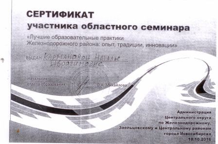 Сертификат областного семинара, 2016г.